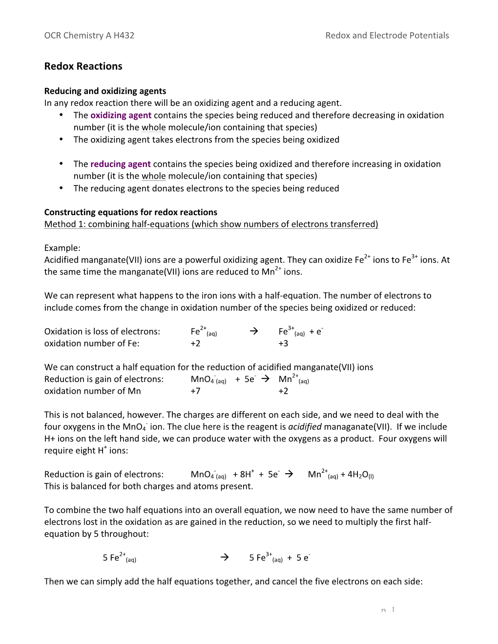 OCR Chemistry a H432 Redox and Electrode Potentials