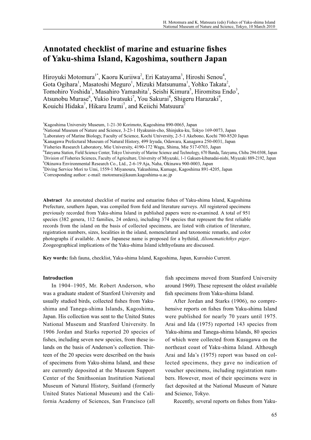 Annotated Checklist of Marine and Estuarine Fishes of Yaku-Shima Island, Kagoshima, Southern Japan