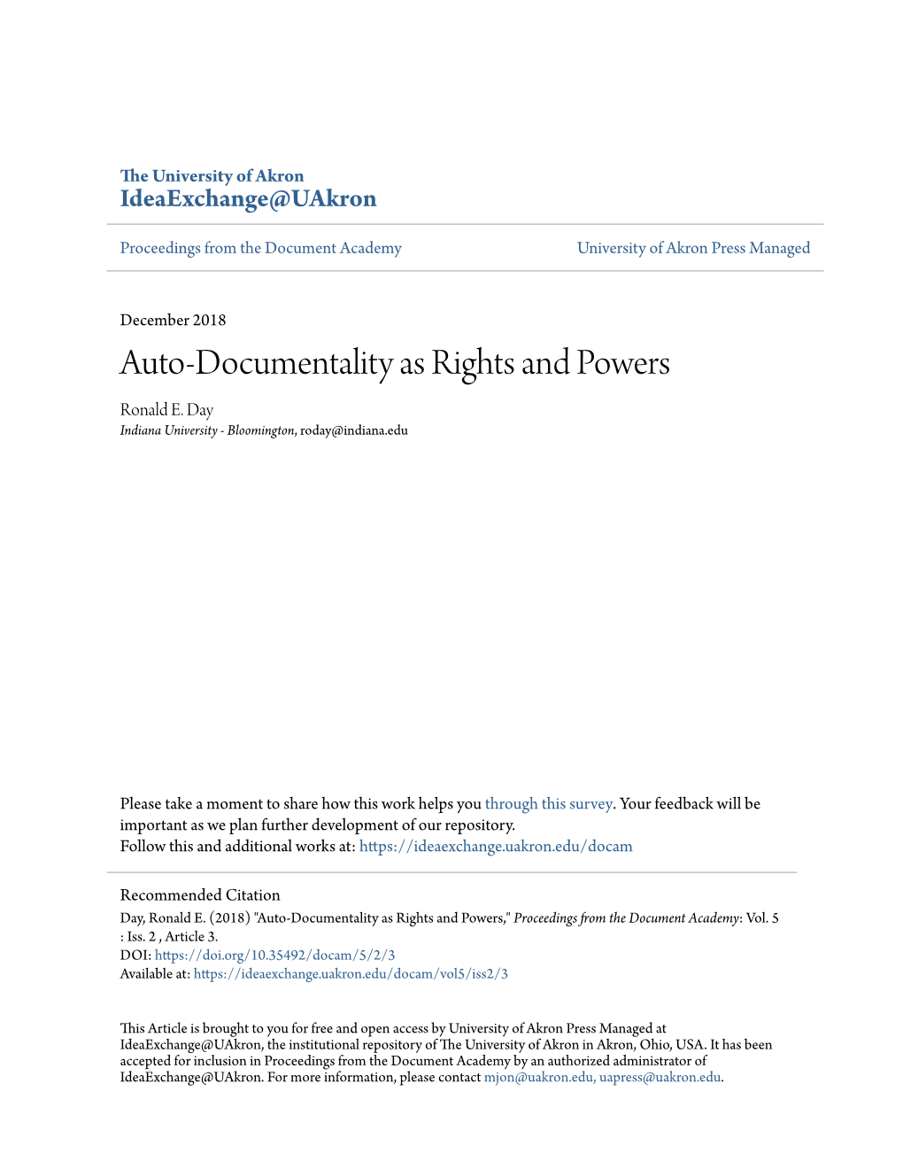 Auto-Documentality As Rights and Powers Ronald E