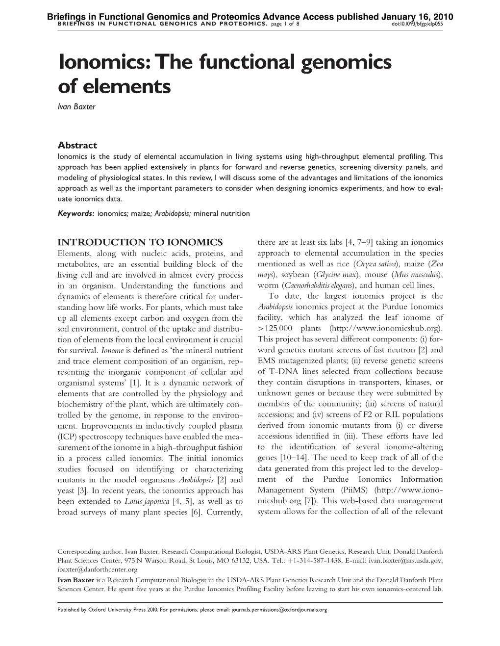 Ionomics: the Functional Genomics of Elements Ivan Baxter