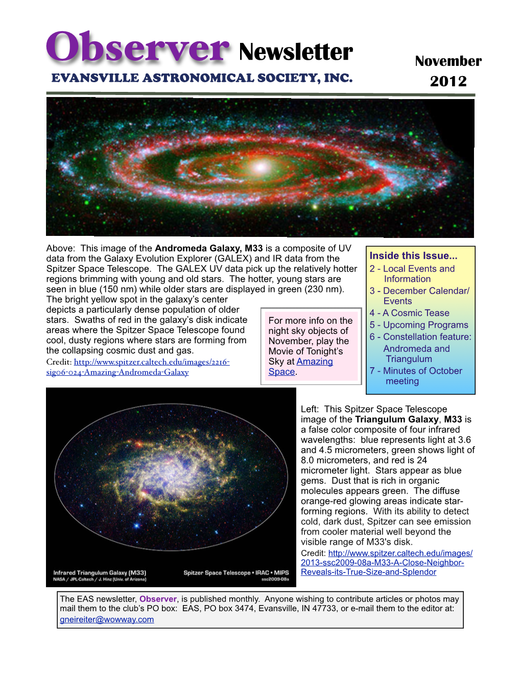 Observer Newsletter November EVANSVILLE ASTRONOMICAL SOCIETY, INC