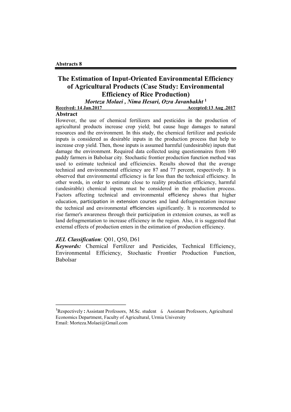 The Estimation of Input-Oriented Environmental Efficiency of Agricultural Products (Case Study: Environmental Efficiency of Rice