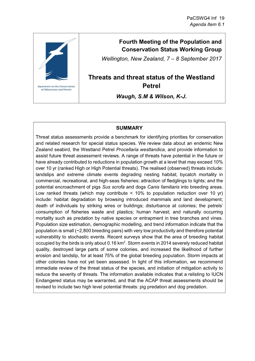 Threats and Threat Status of the Westland Petrel
