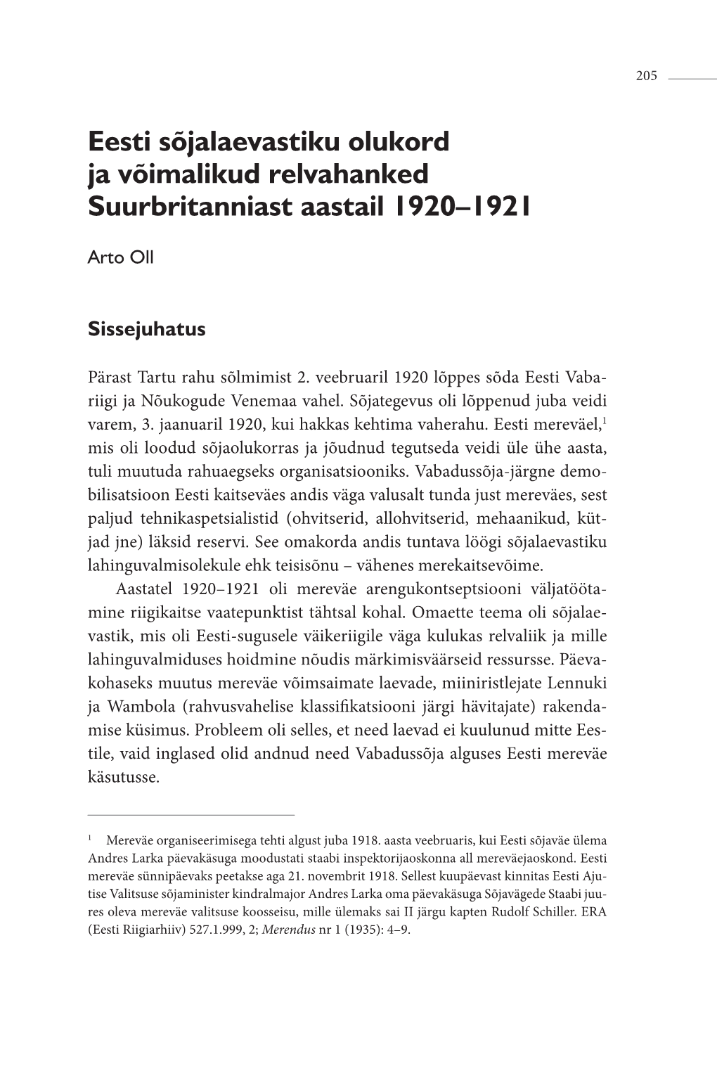 Eesti Sõjalaevastiku Olukord Ja Võimalikud Relvahanked Suurbritanniast Aastail 1920–1921