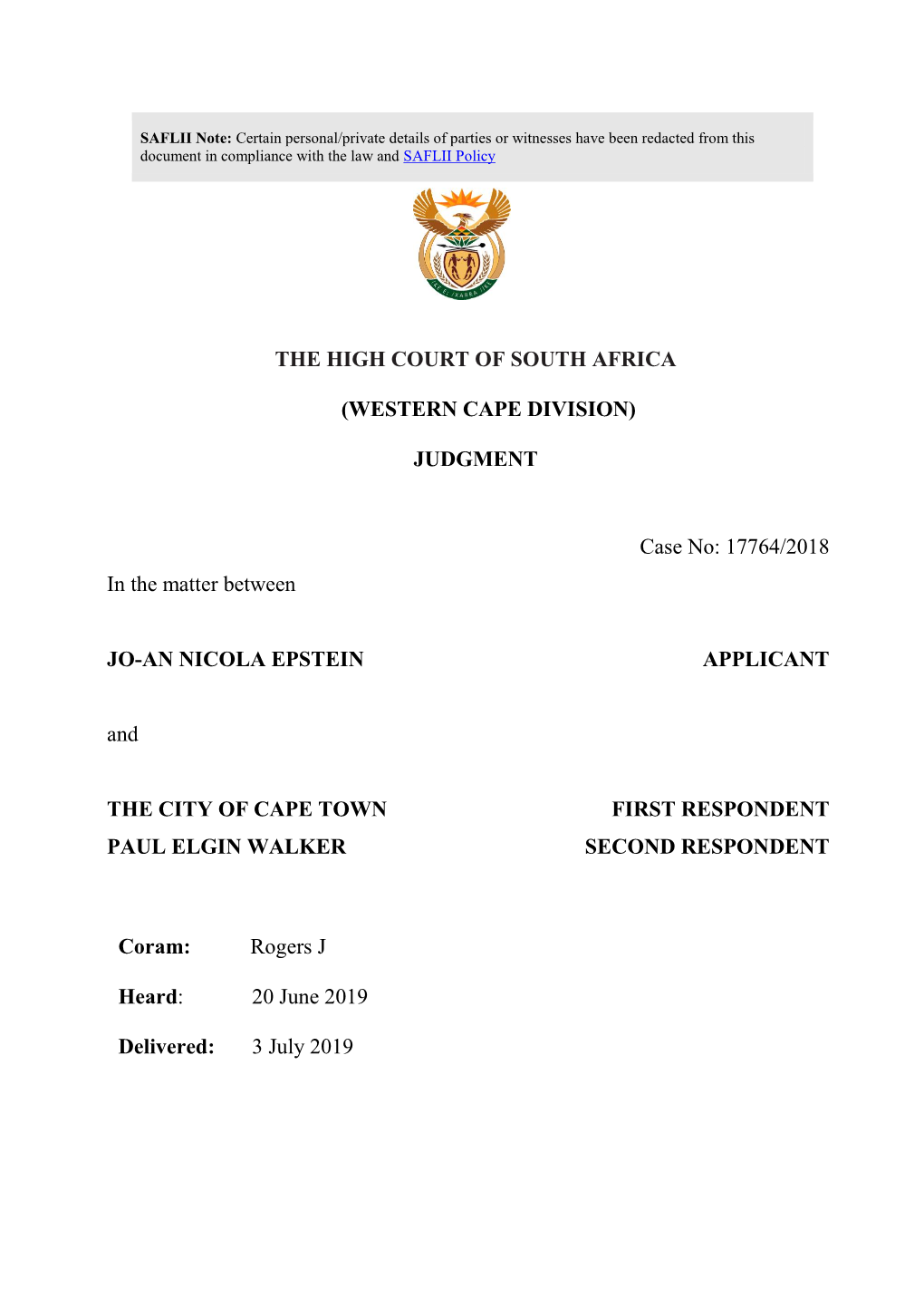 (WESTERN CAPE DIVISION) JUDGMENT Case No