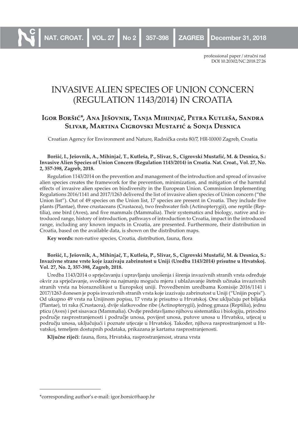 Invasive Alien Species of Union Concern (Regulation 1143/2014) in Croatia