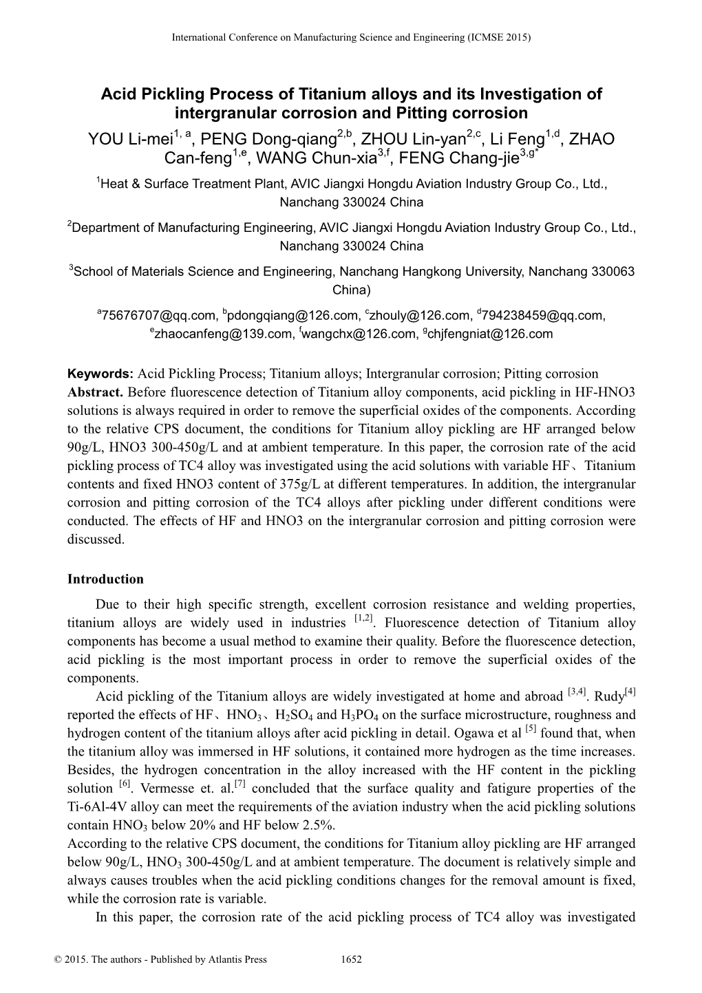 Acid Pickling Process of Titanium Alloys and Its Investigation Of