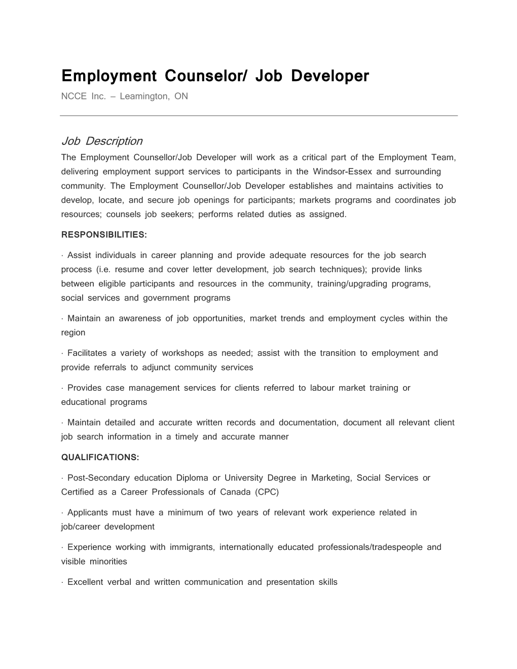 Employment Counselor/ Job Developer NCCE Inc