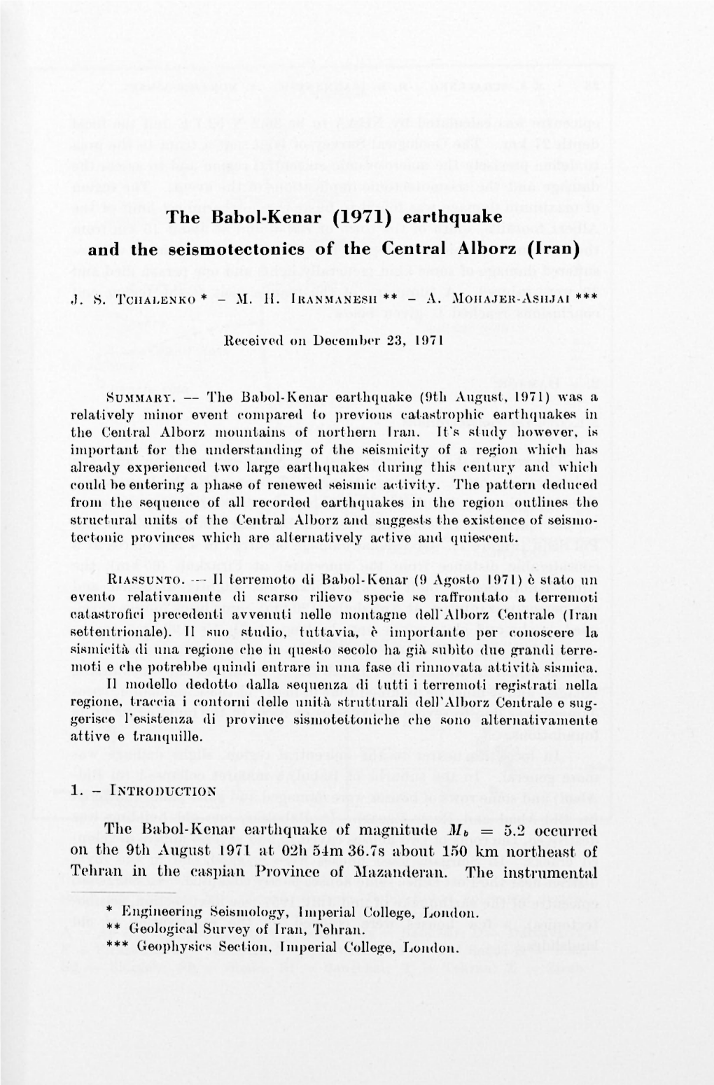 The Babol-Kenar (1971) Earthquake and the Seismotectonics of the Central Alborz (Iran)