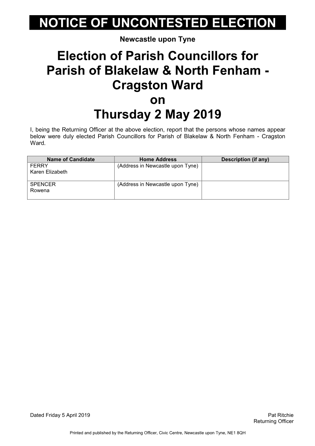 Notice of Uncontested Parish Elections 2019