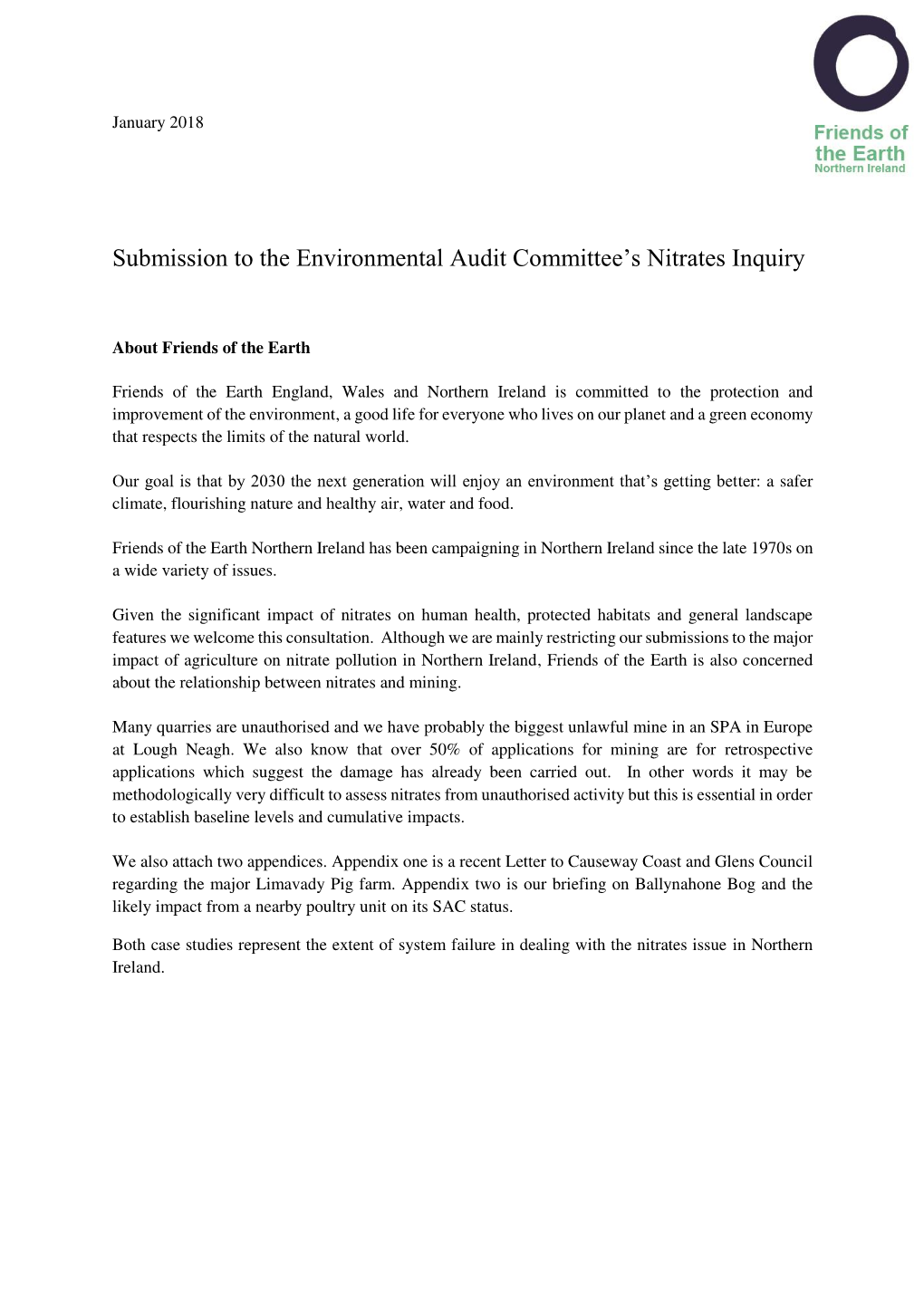 Submission to the Environmental Audit Committee's Nitrates Inquiry