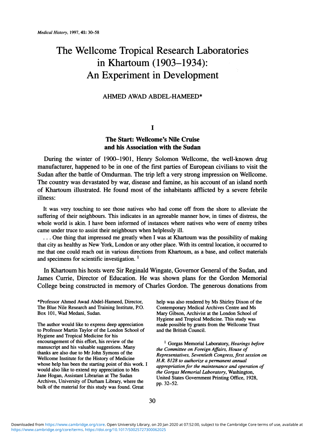 The Wellcome Tropical Research Laboratories in Khartoum (1903-1934): an Experiment in Development