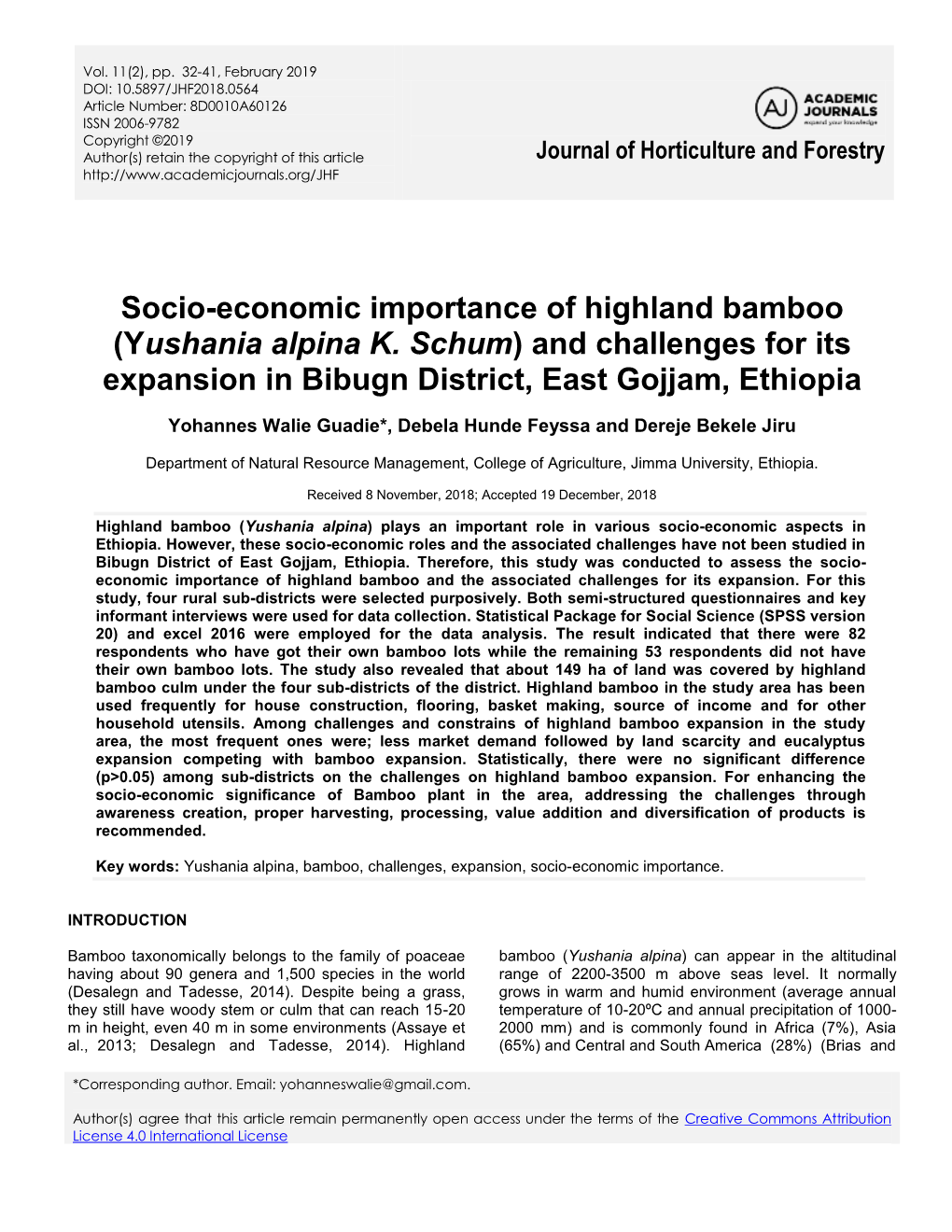 Socio-Economic Importance of Highland Bamboo (Yushania Alpina K
