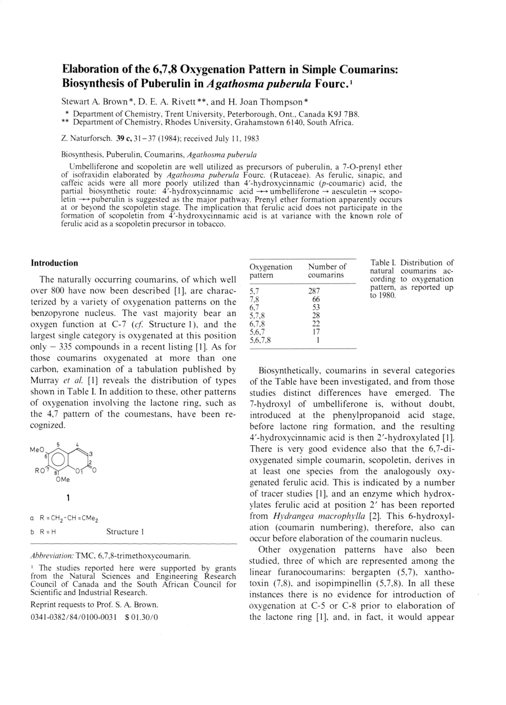 Biosynthesis of Puberulin in Agathosma Puberula Fourc.1