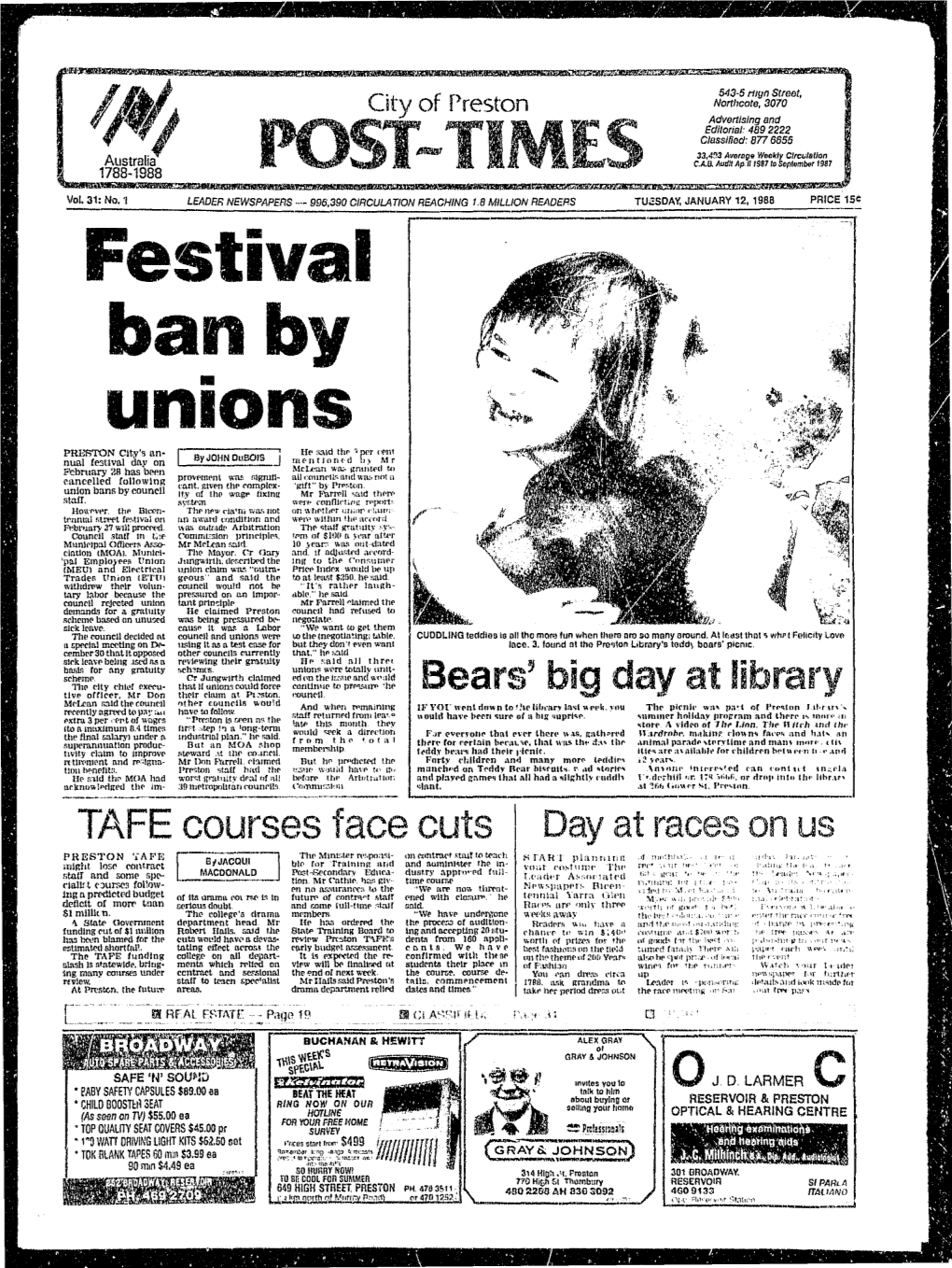 JANUARY 12, 1988 PRICE 15¢ --, Festival Ban by Unions•