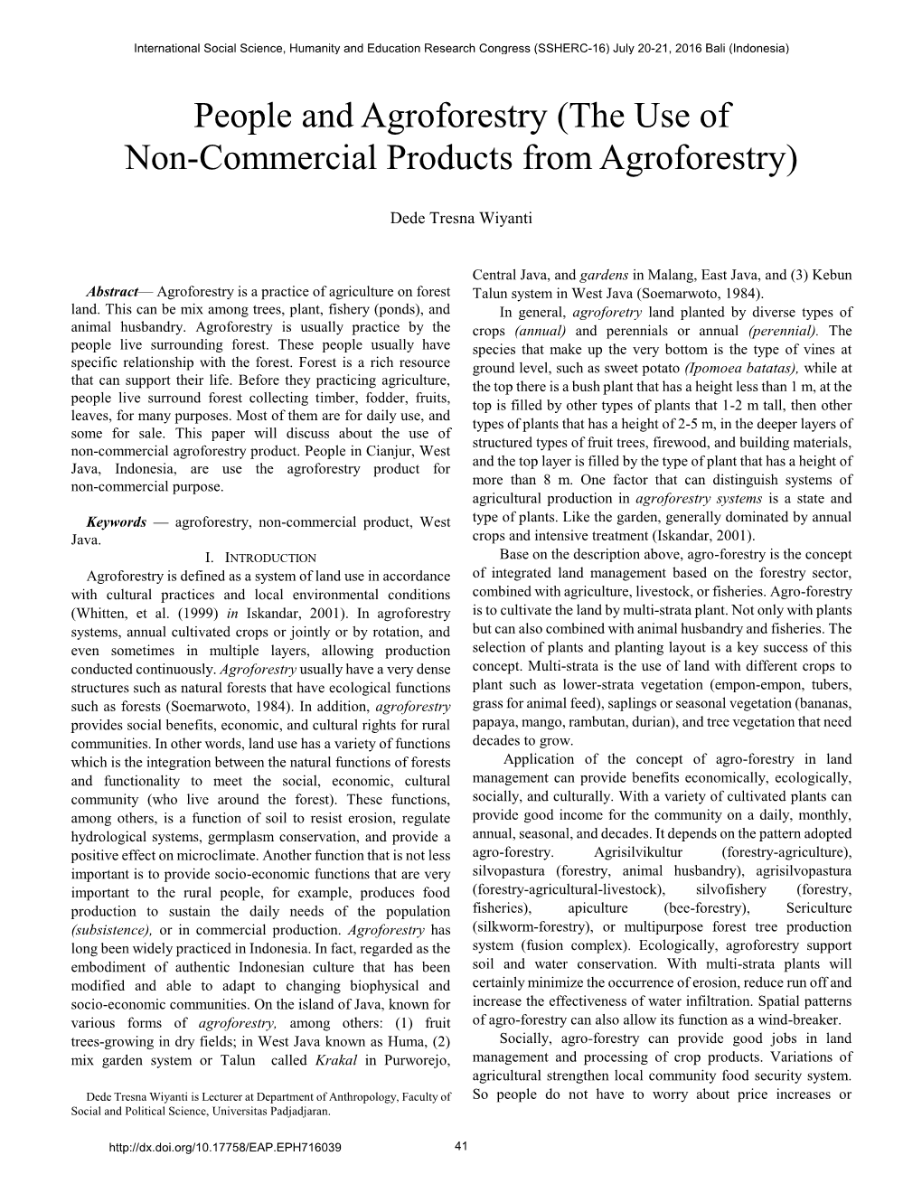 People and Agroforestry (The Use of Non-Commercial Products from Agroforestry)