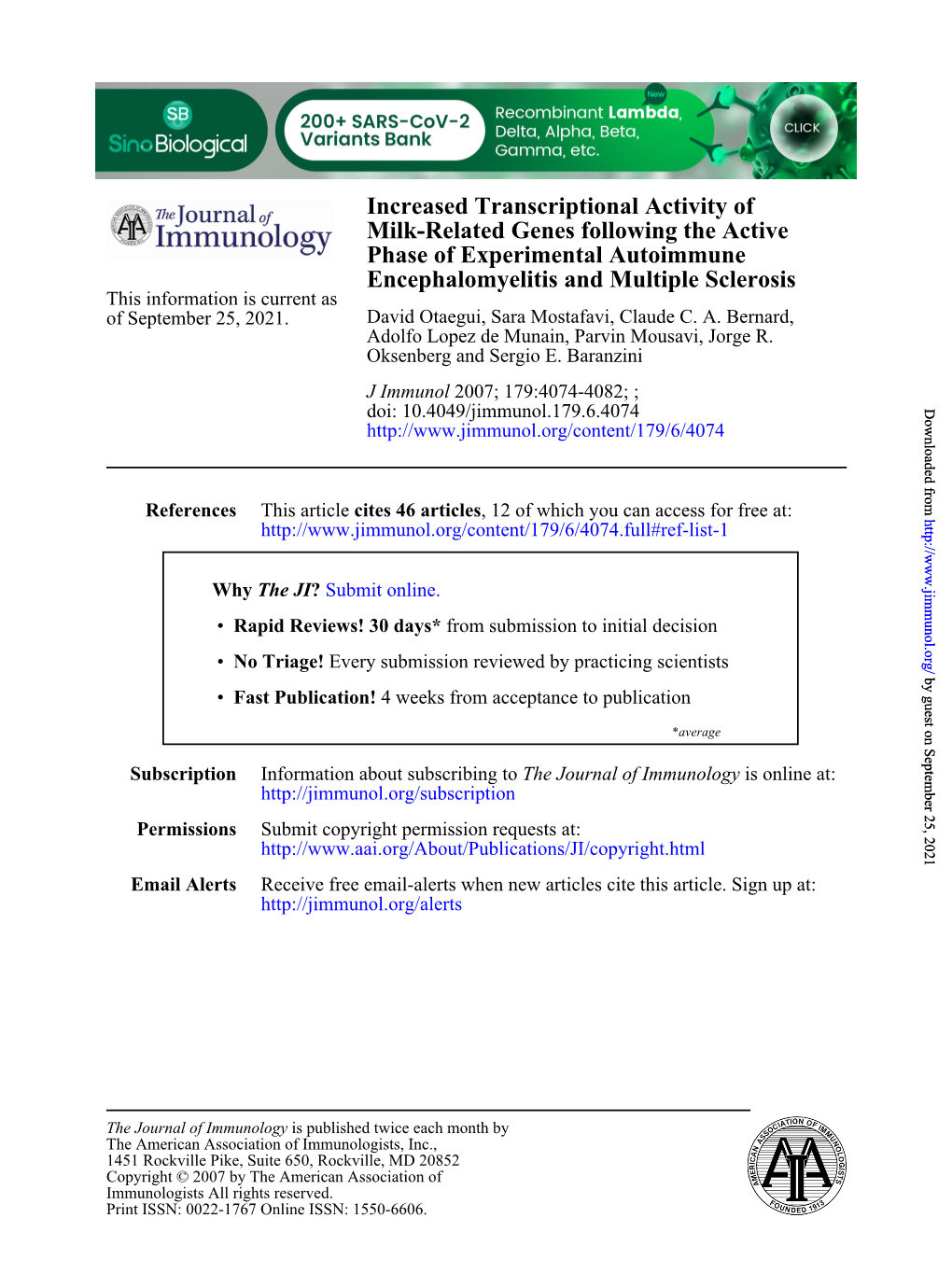 Encephalomyelitis and Multiple Sclerosis Phase of Experimental Autoimmune Milk-Related Genes Following the Active Increased Tran