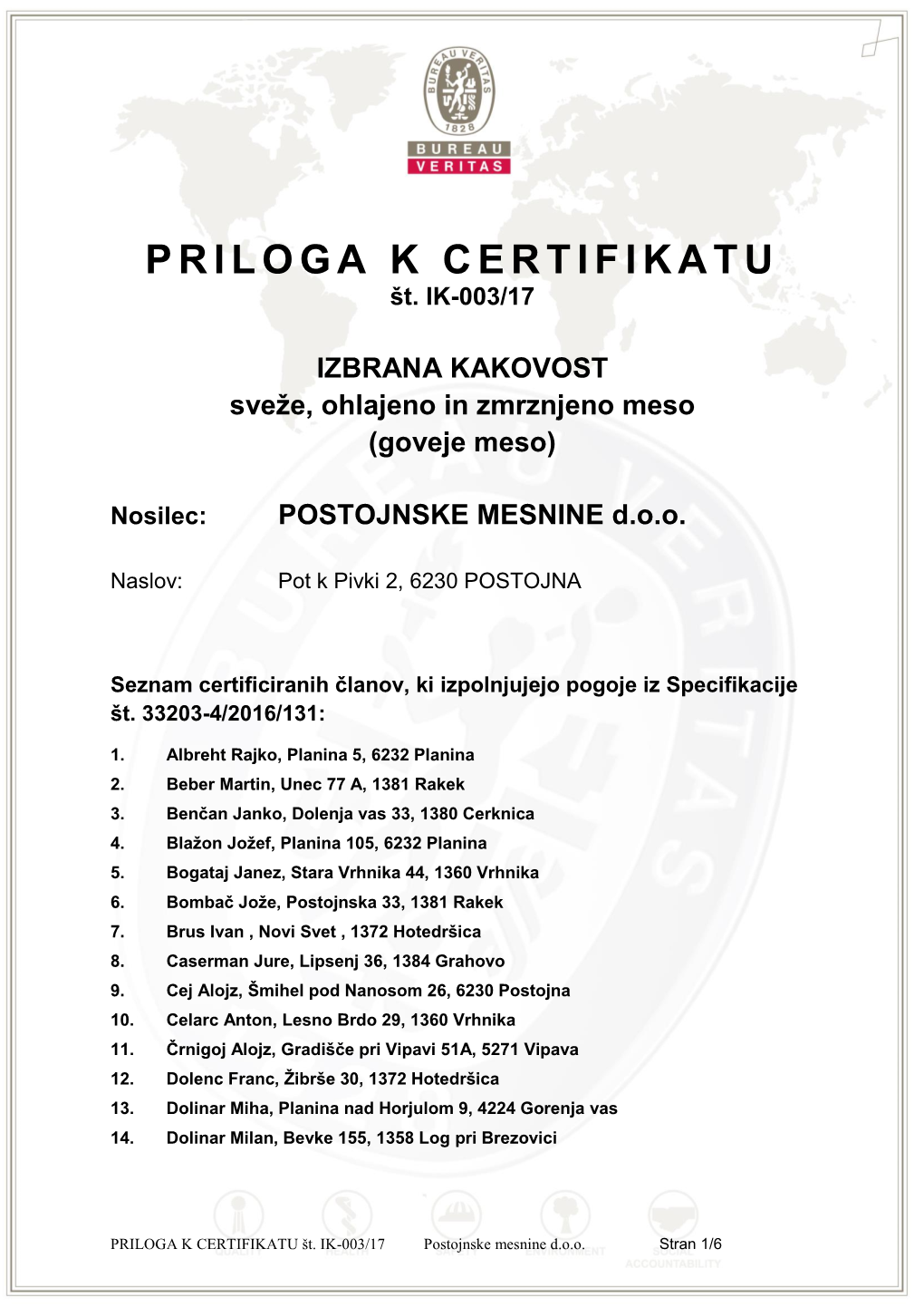 PRILOGA K CERTIFIKATU Št