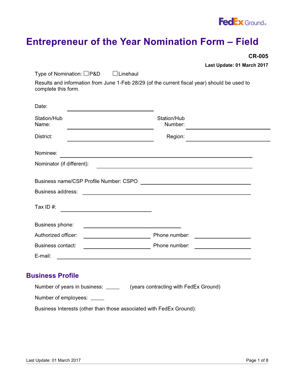 Entrepreneur of the Year Nomination Form Field