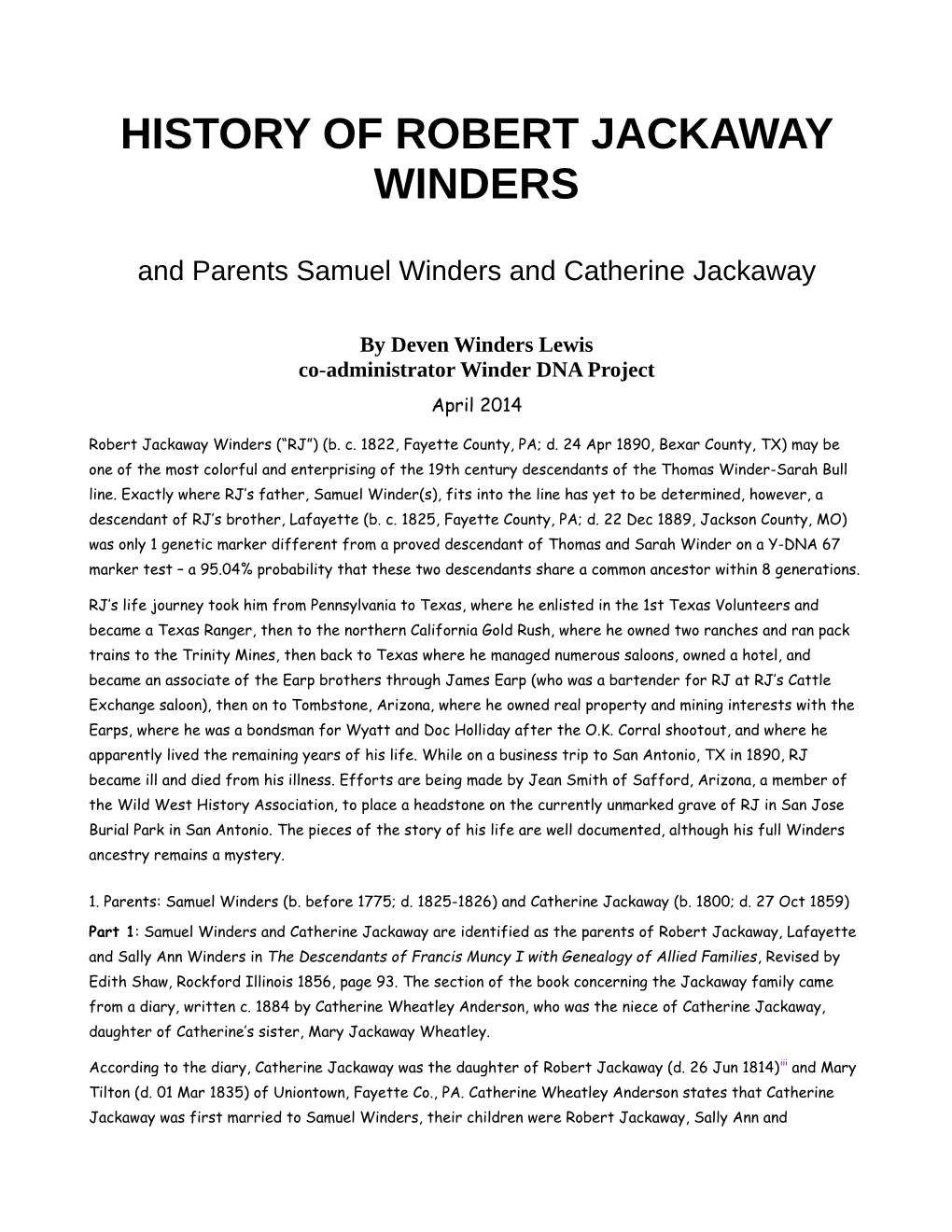 History of Robert Jackaway Winders