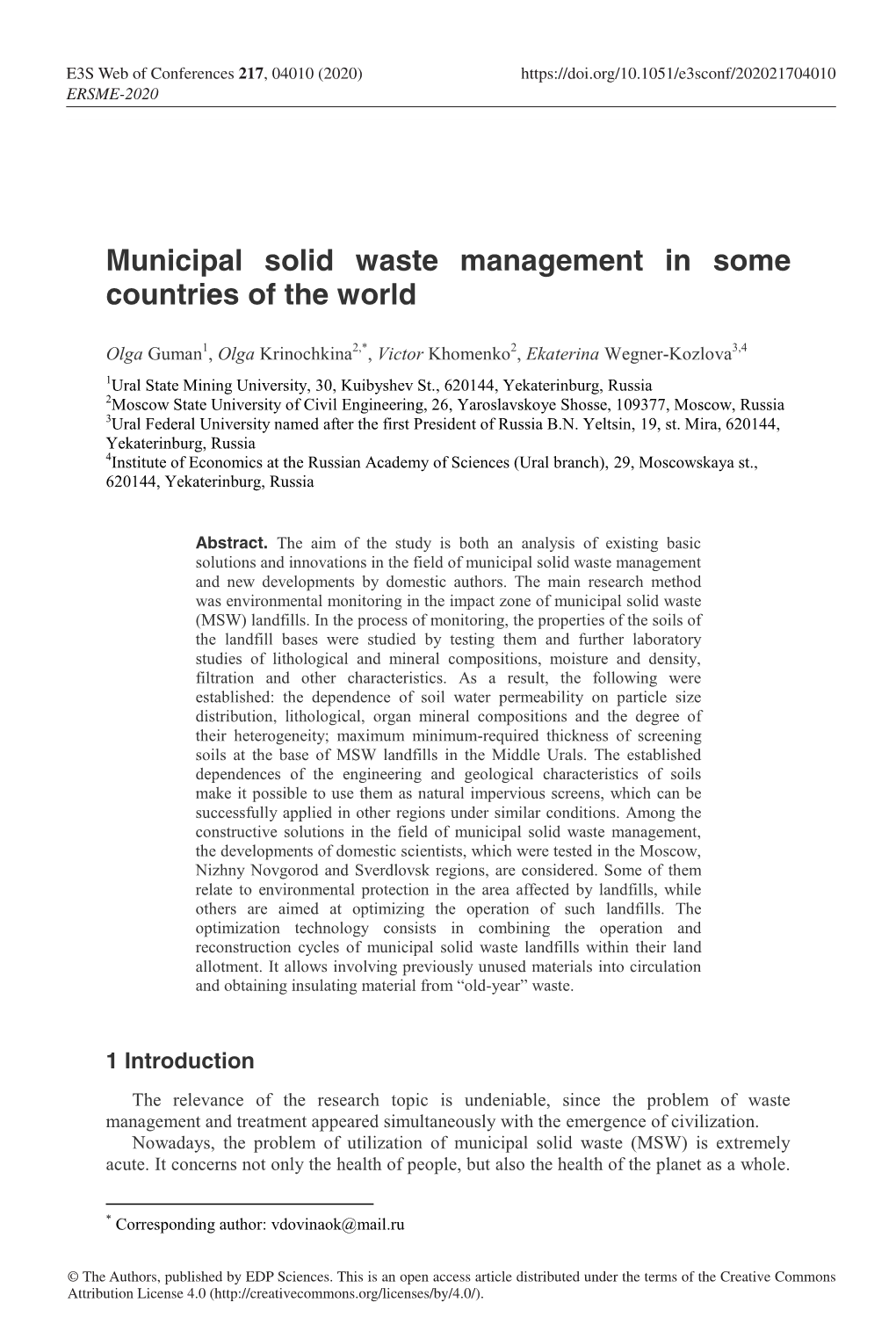 Municipal Solid Waste Management in Some Countries of the World