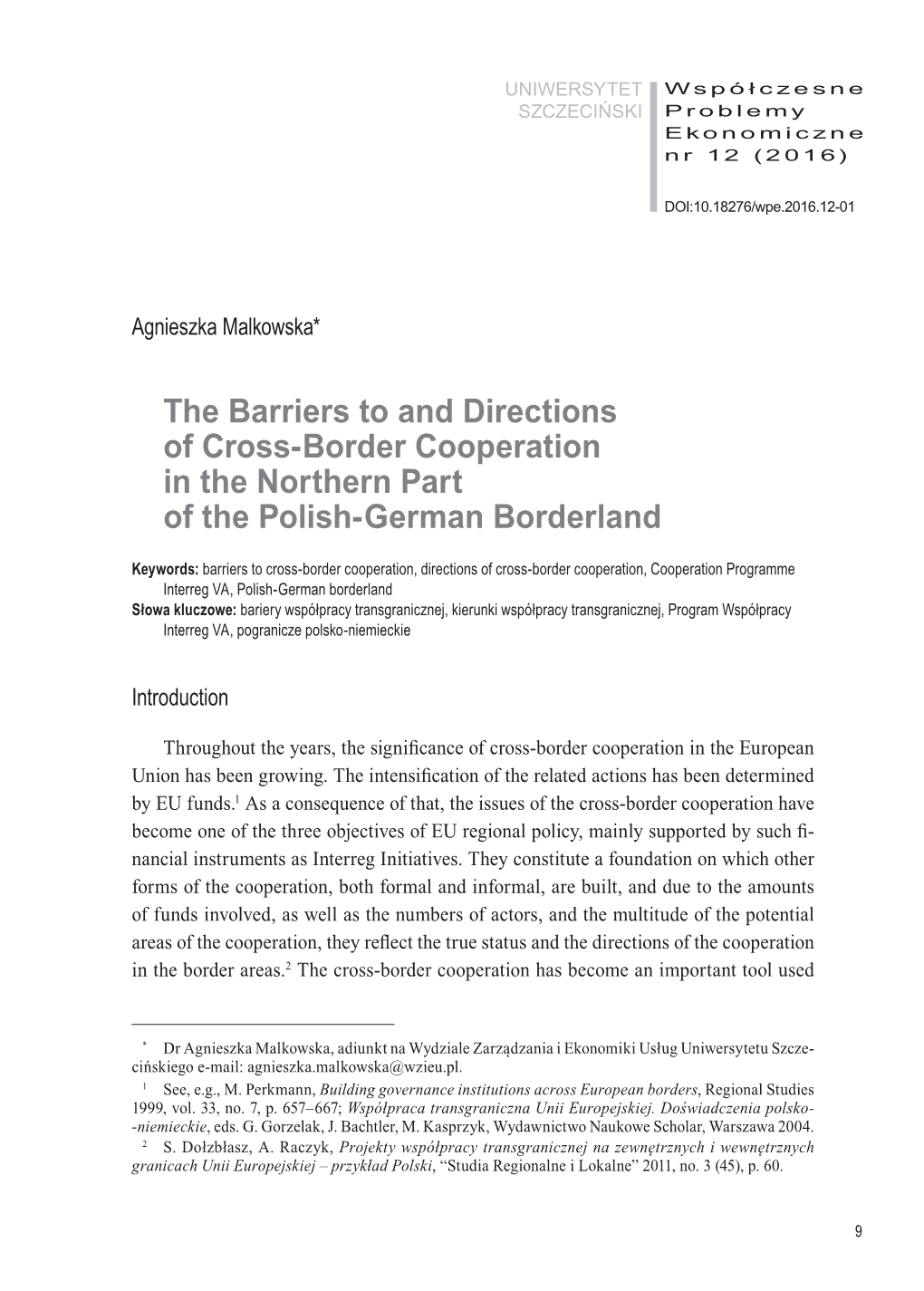 The Barriers to and Directions of Cross-Border Cooperation in the Northern Part of the Polish-German Borderland