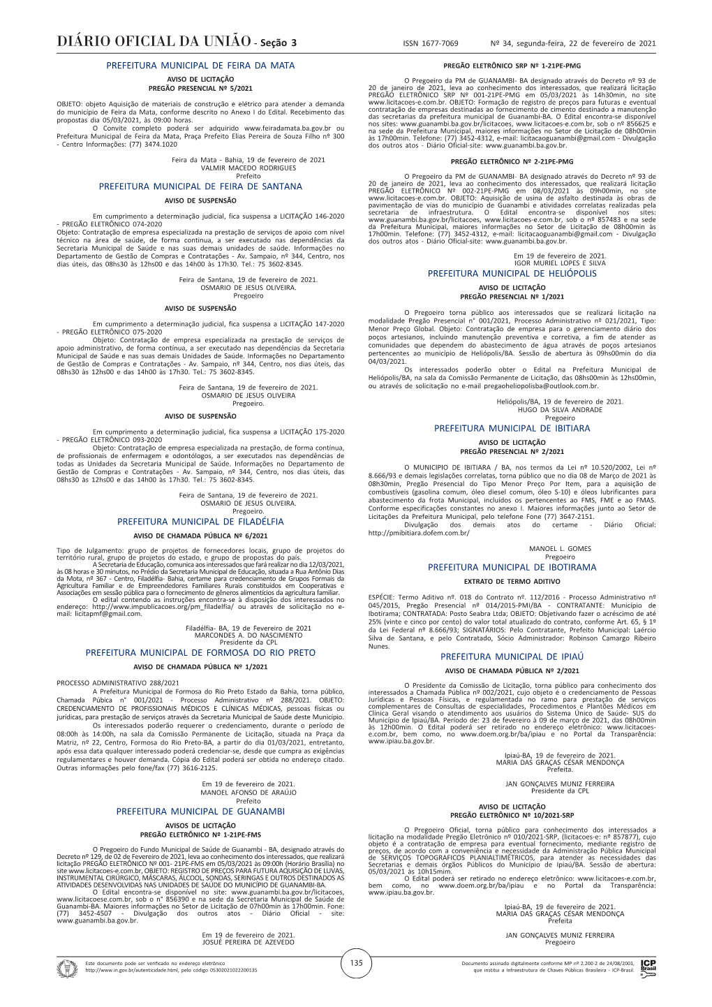 Seção 3 ISSN 1677-7069 Nº 34, Segunda-Feira, 22 De Fevereiro De 2021