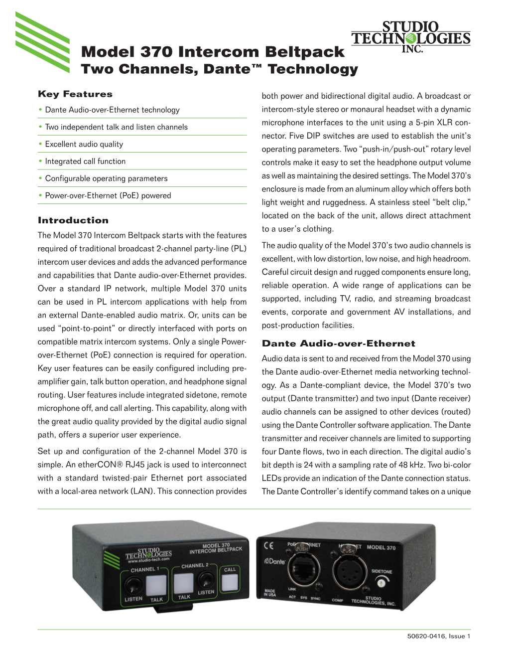 Model 370 Intercom Beltpack Two Channels, Dante™ Technology