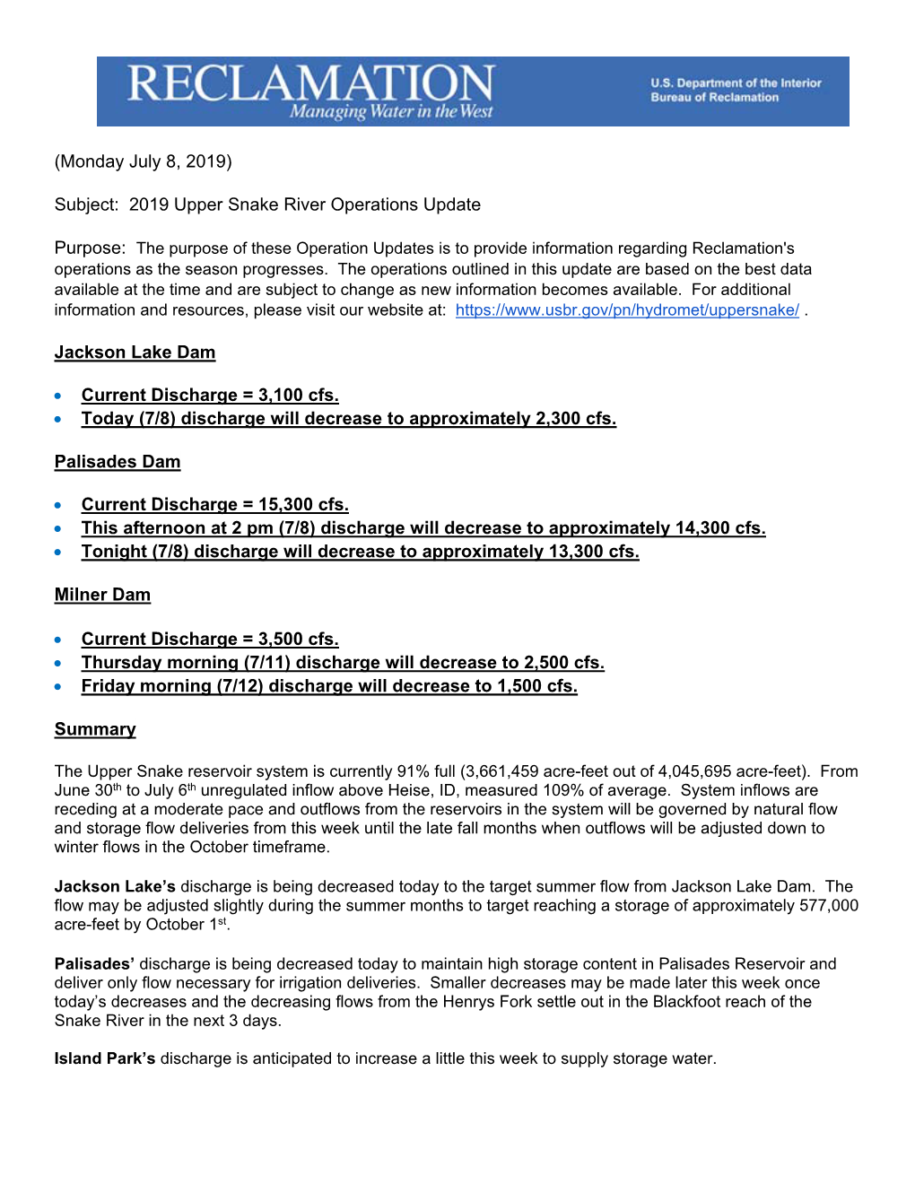 2019 Upper Snake River Operations Update Jackson Lake Dam