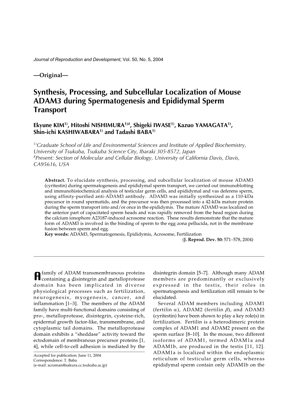 Synthesis, Processing, and Subcellular Localization of Mouse ADAM3 During Spermatogenesis and Epididymal Sperm Transport