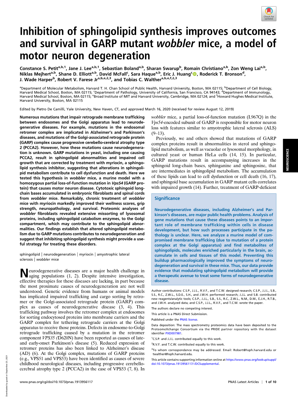 Inhibition of Sphingolipid Synthesis Improves Outcomes and Survival in GARP Mutant Wobbler Mice, a Model of Motor Neuron Degeneration