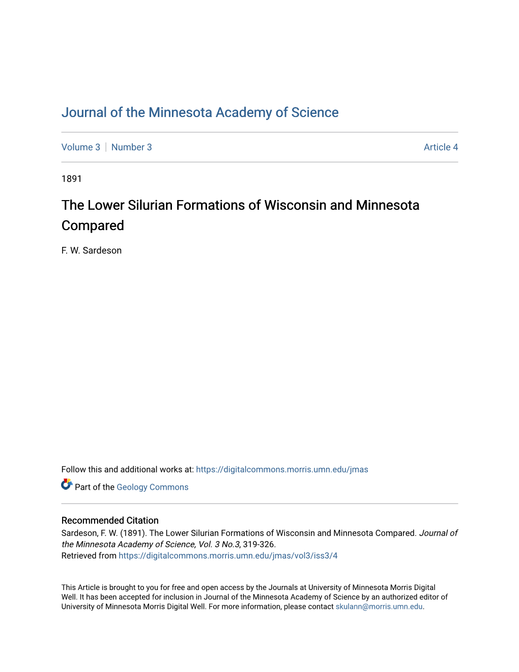 The Lower Silurian Formations of Wisconsin and Minnesota Compared