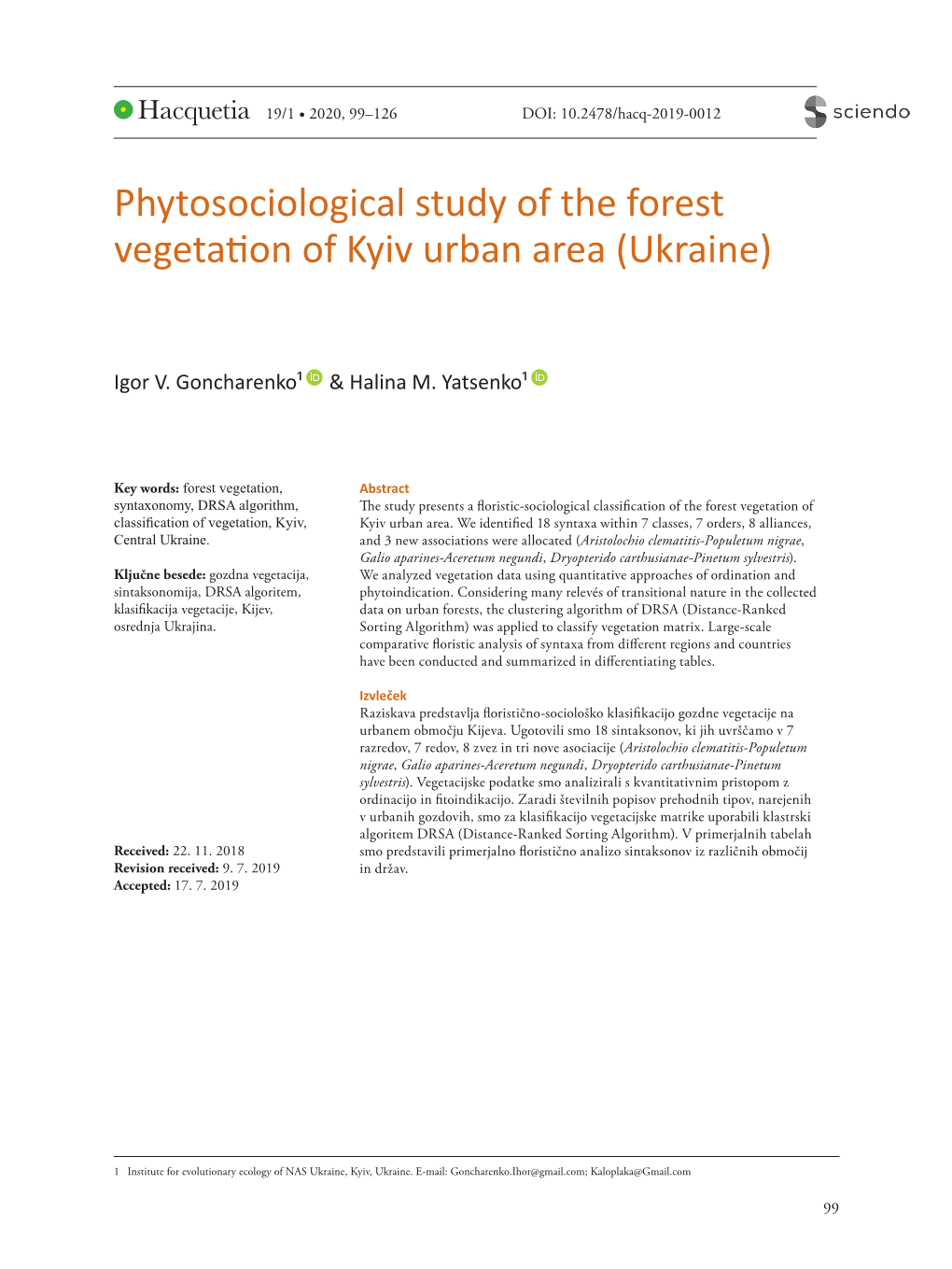 Phytosociological Study of the Forest Vegetation of Kyiv Urban Area (Ukraine)