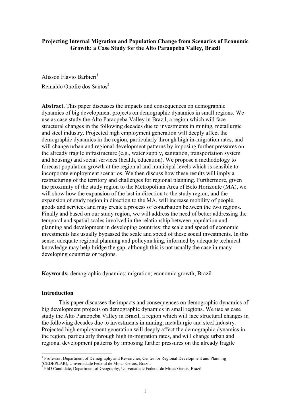 Projecting Internal Migration and Population Change from Scenarios of Economic Growth: a Case Study for the Alto Paraopeba Valley, Brazil