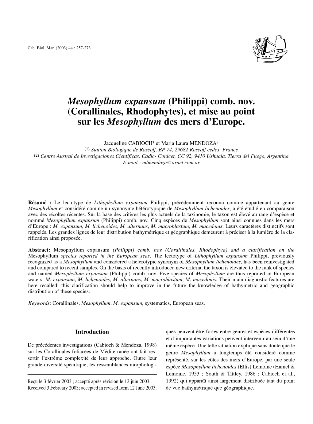 Mesophyllum Expansum (Philippi) Comb. Nov. (Corallinales, Rhodophytes), Et Mise Au Point Sur Les Mesophyllum Des Mers D’Europe