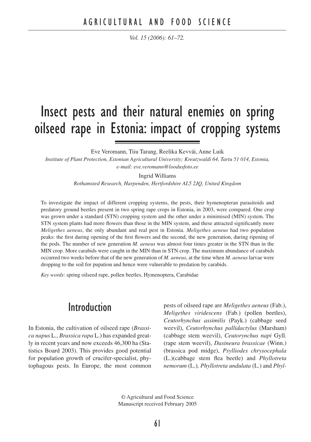 Insect Pests and Their Natural Enemies on Spring Oilseed Rape in Estonia: Impact of Cropping Systems