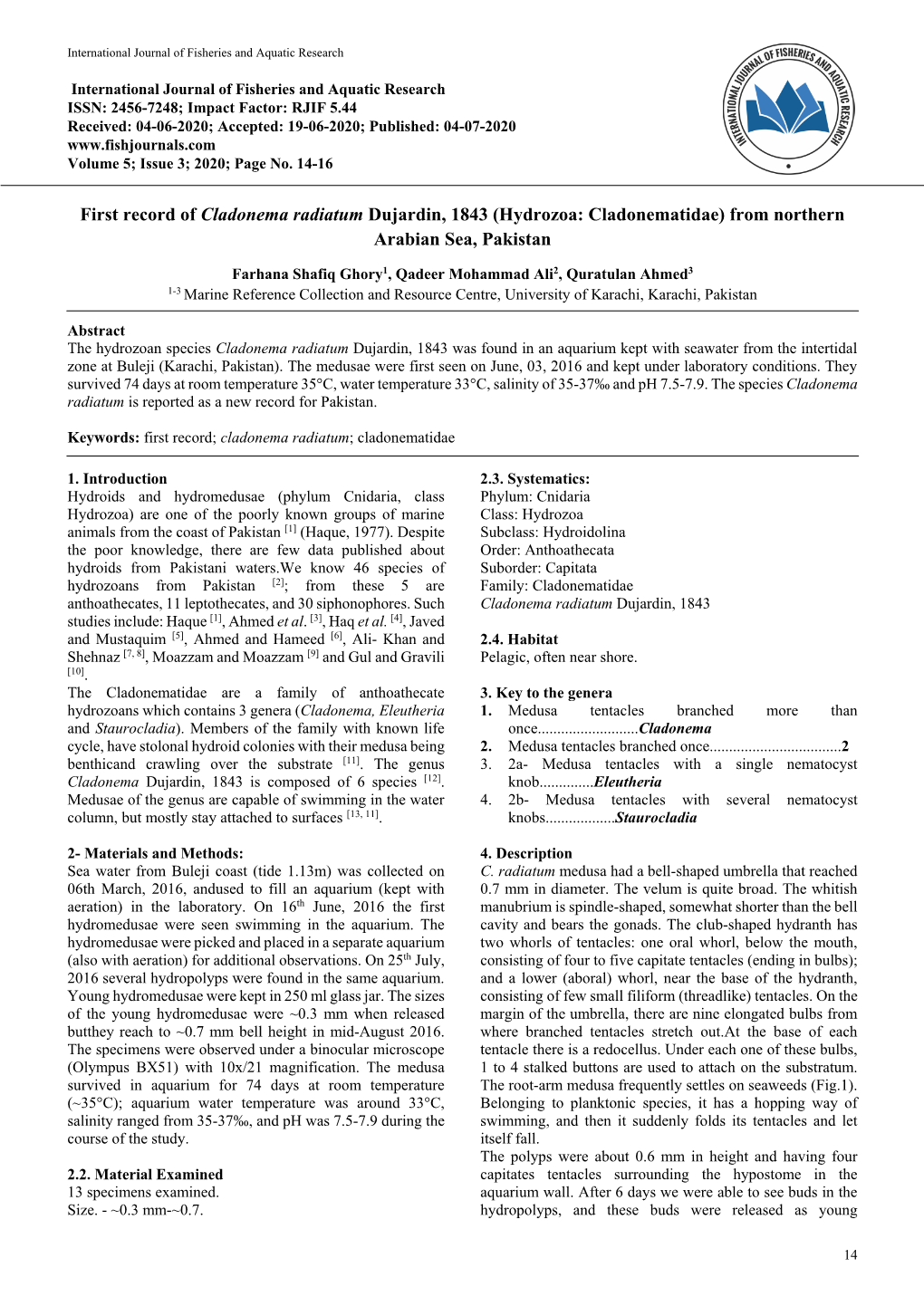 First Record of Cladonema Radiatum Dujardin, 1843 (Hydrozoa: Cladonematidae) from Northern Arabian Sea, Pakistan