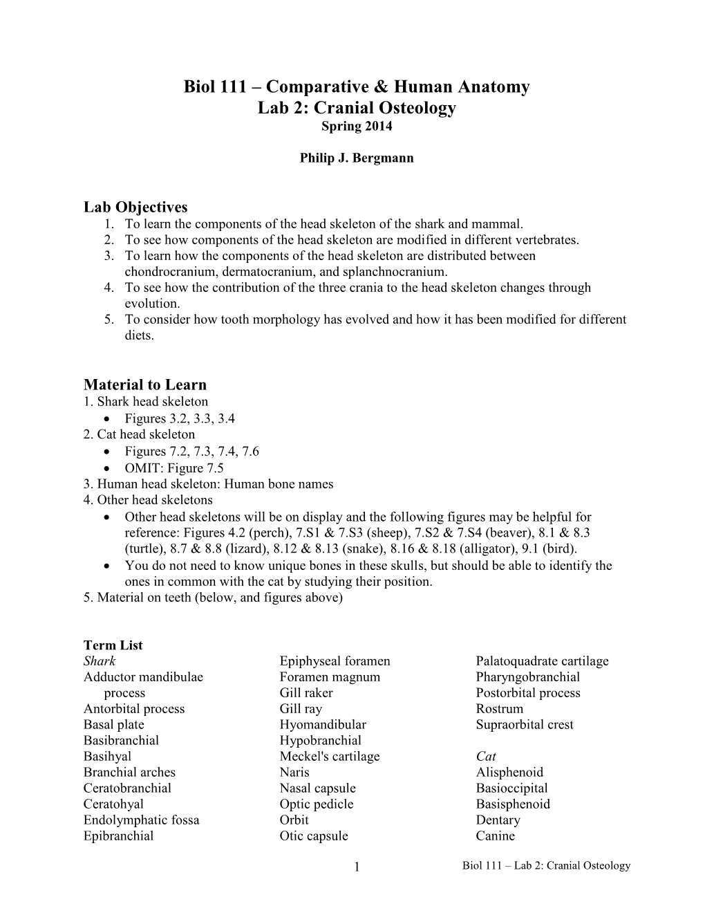 Biol 111 – Comparative & Human Anatomy Lab 2: Cranial Osteology