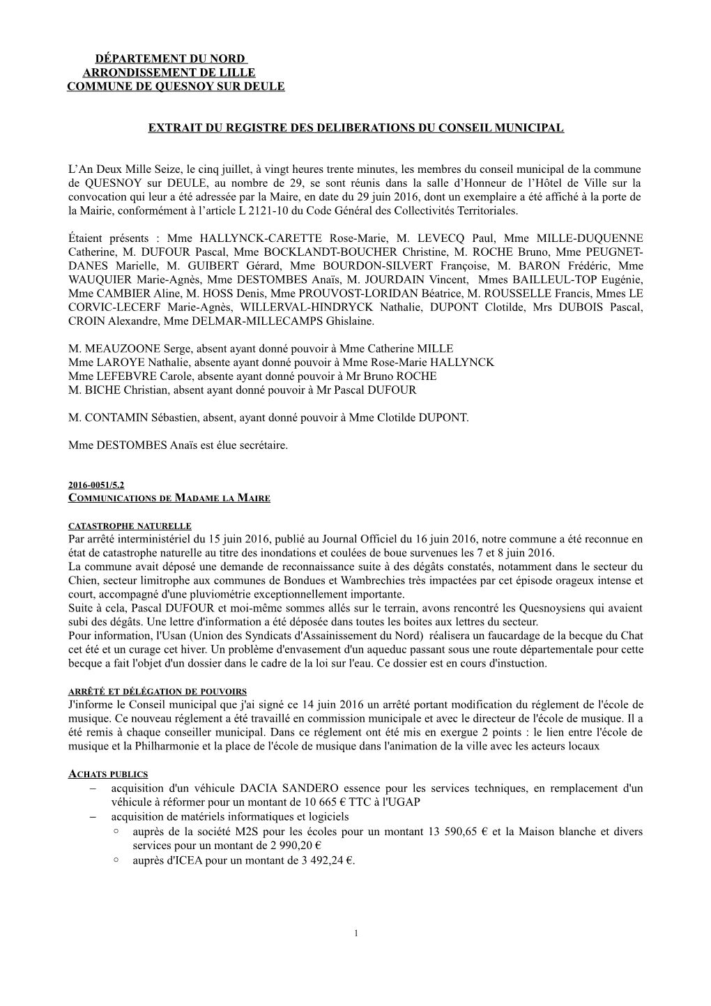 Département Du Nord Arrondissement De Lille Commune De Quesnoy Sur Deule Extrait Du Registre Des Deliberations Du Conseil Munic