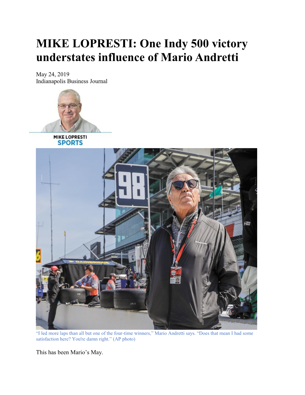 MIKE LOPRESTI: One Indy 500 Victory Understates Influence of Mario Andretti