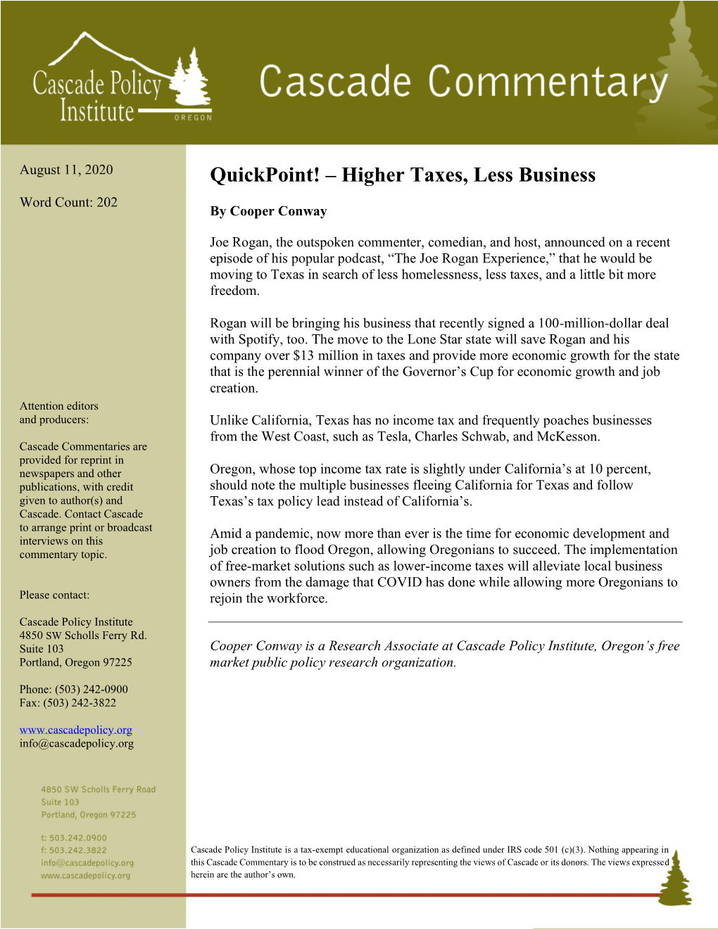 Quickpoint! – Higher Taxes, Less Business
