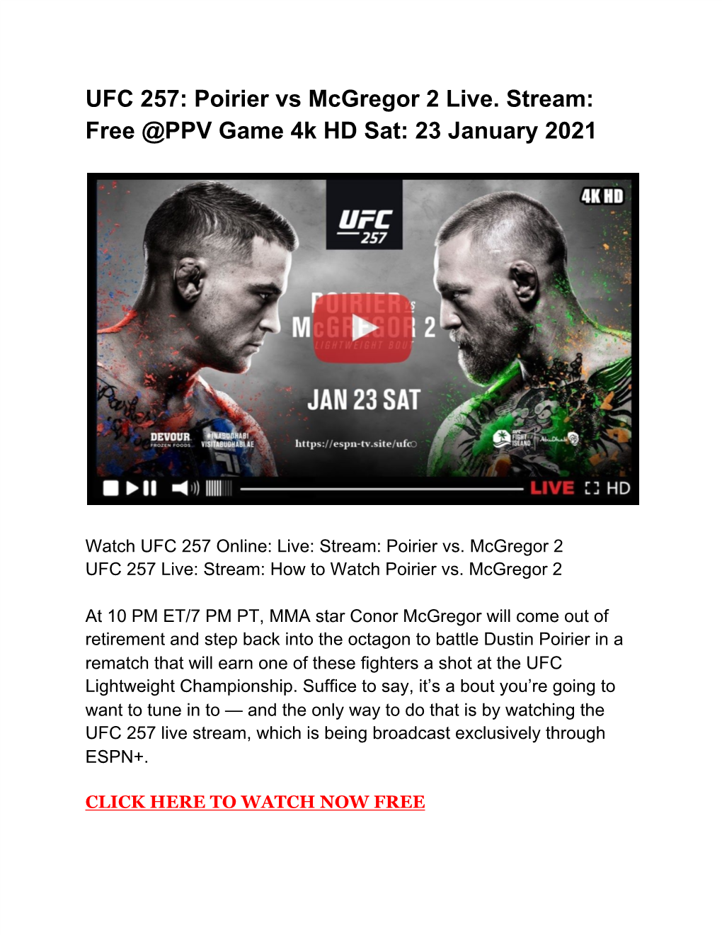 UFC 257: Poirier Vs Mcgregor 2 Live. Stream: Free @PPV Game 4K HD Sat: 23 January 2021