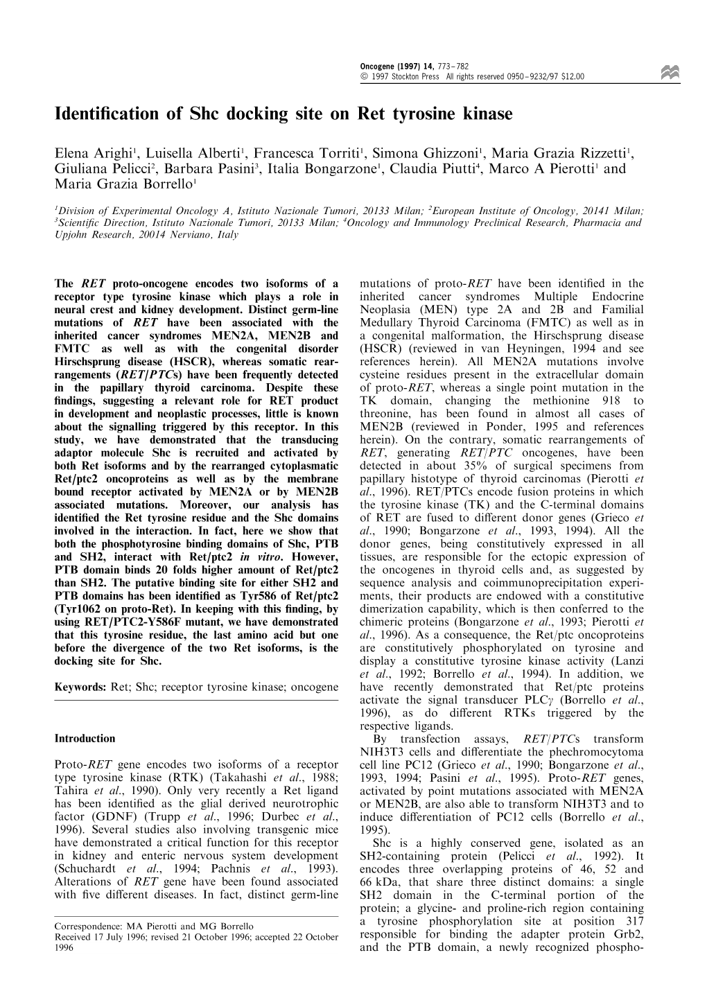 Identification of Shc Docking Site on Ret Tyrosine Kinase