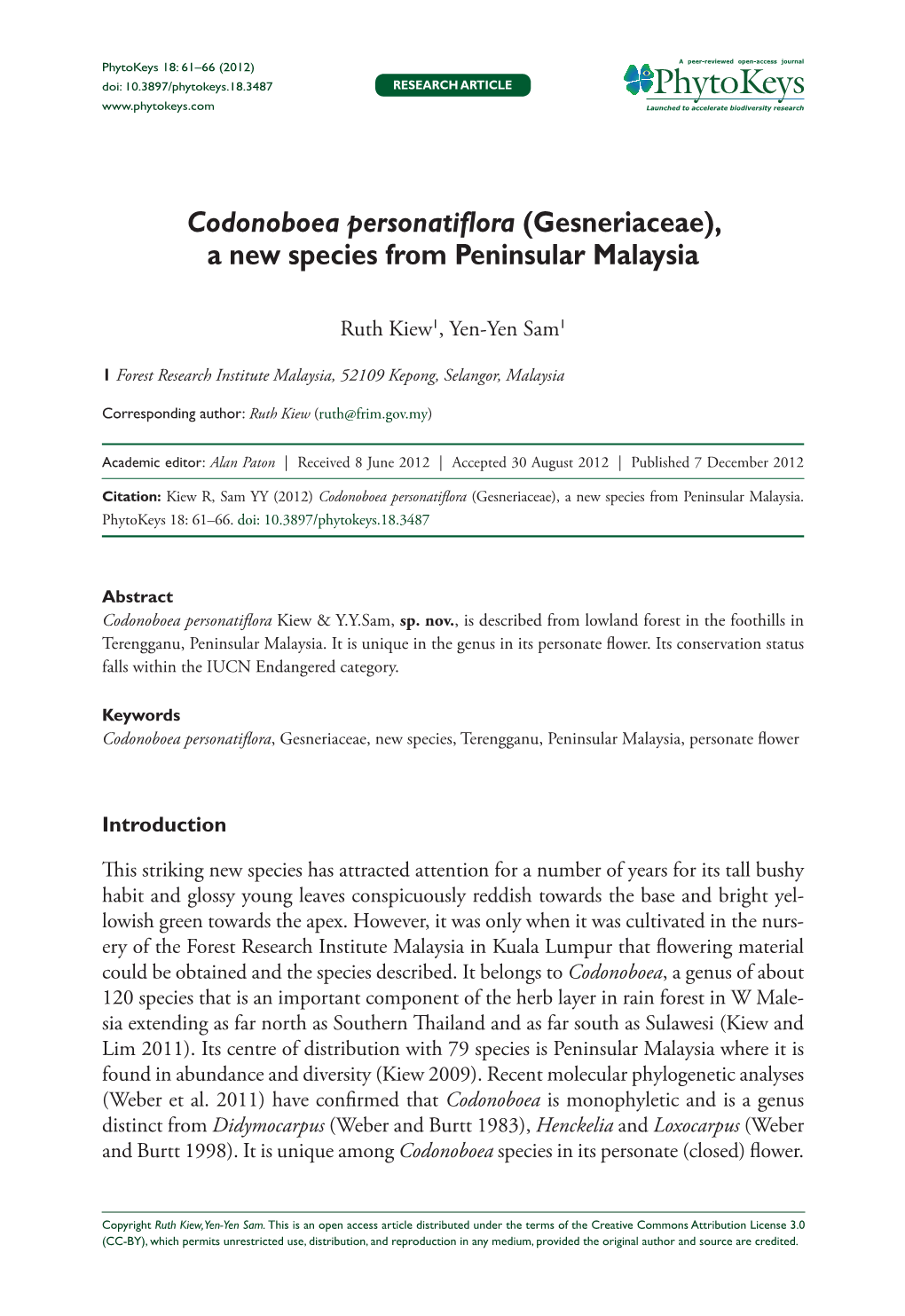 Codonoboea Personatiflora (Gesneriaceae), a New Species from Peninsular Malaysia