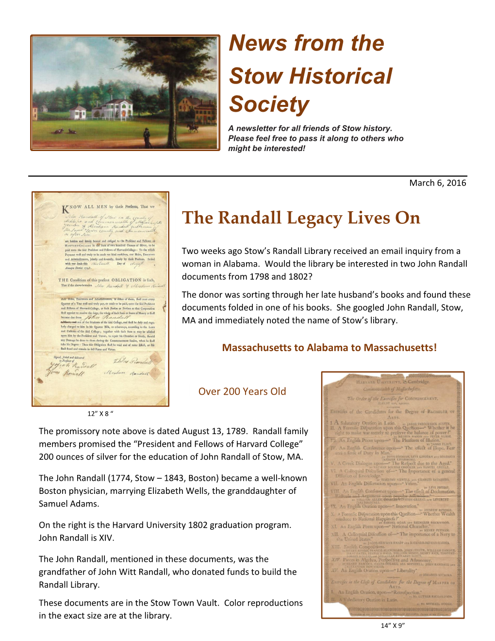 News from the Stow Historical Society