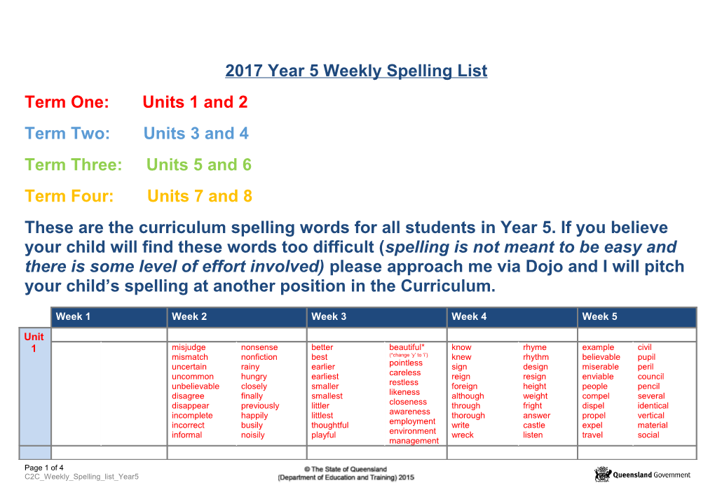 C2C Spelling List Year 1