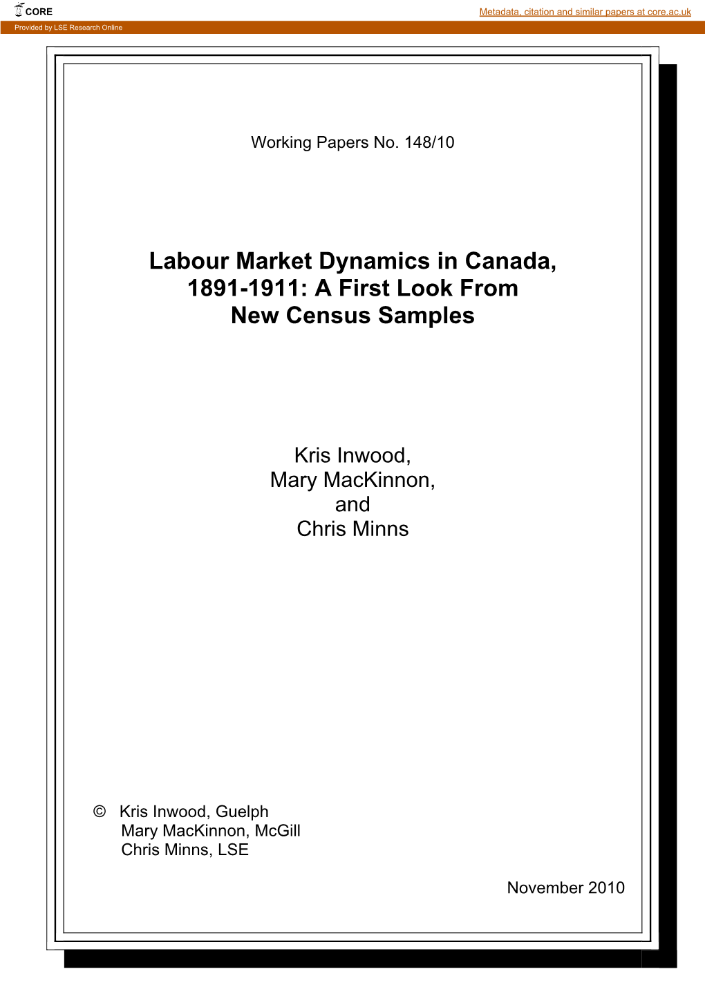 The Evolution of the Canadian Labour Market, 1891-1911