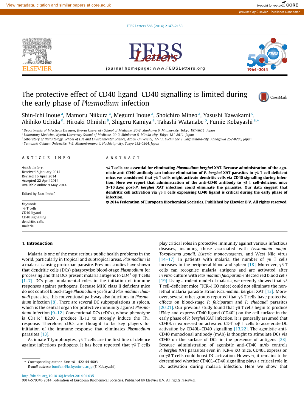 CD40 Signalling Is Limited During the Early Phase of Plasmodium Infection