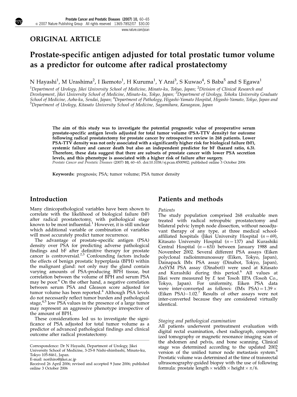 Prostate-Specific Antigen Adjusted for Total Prostatic Tumor Volume As a Predictor for Outcome After Radical Prostatectomy