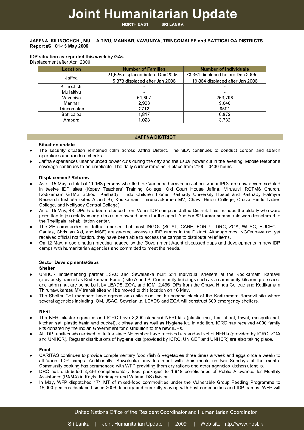 Joint Humanitarian Update NORTH EAST | SRI LANKA